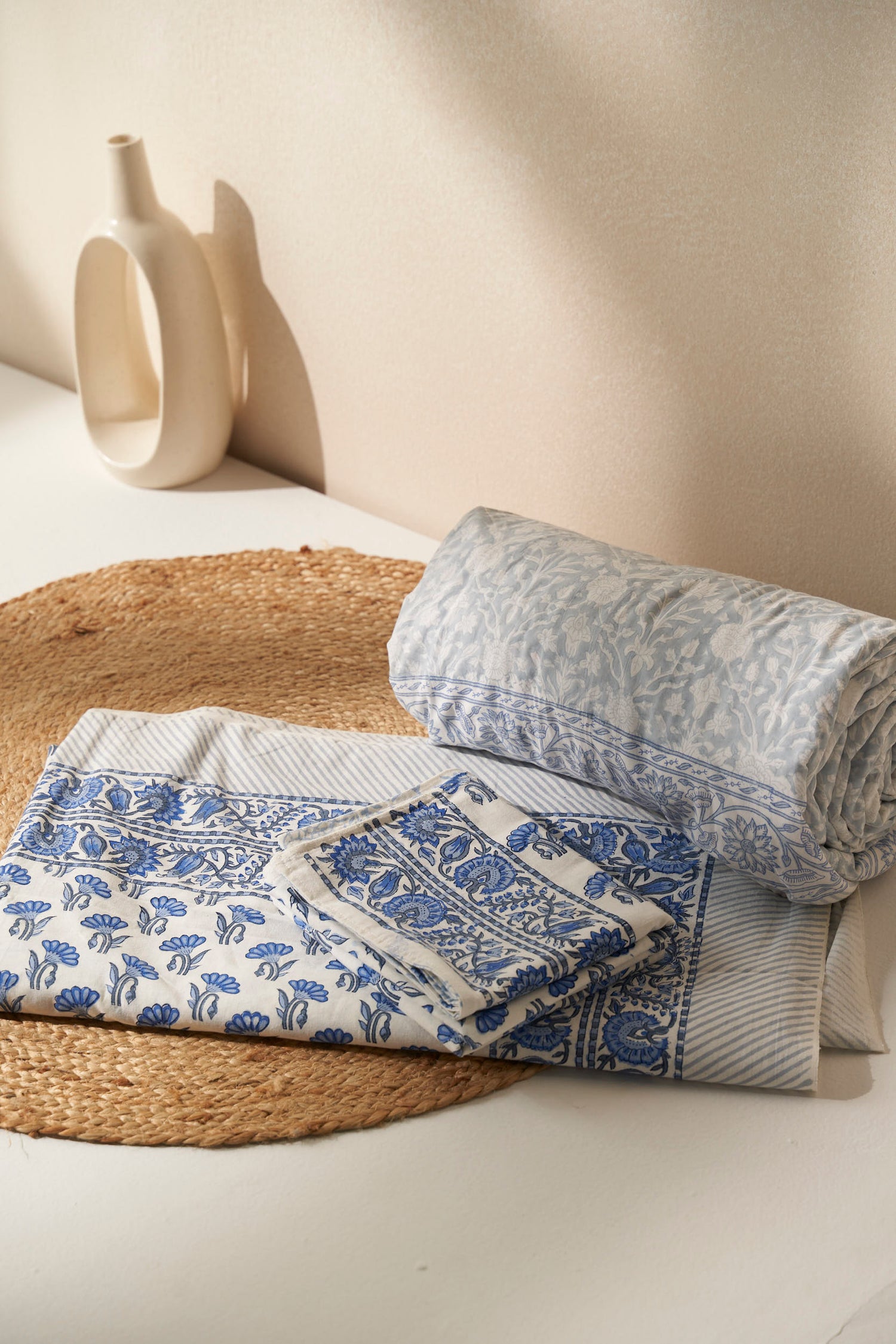 Handcrafted Mughal Garden Bedsheet & Dohar Set – Blue Bloom