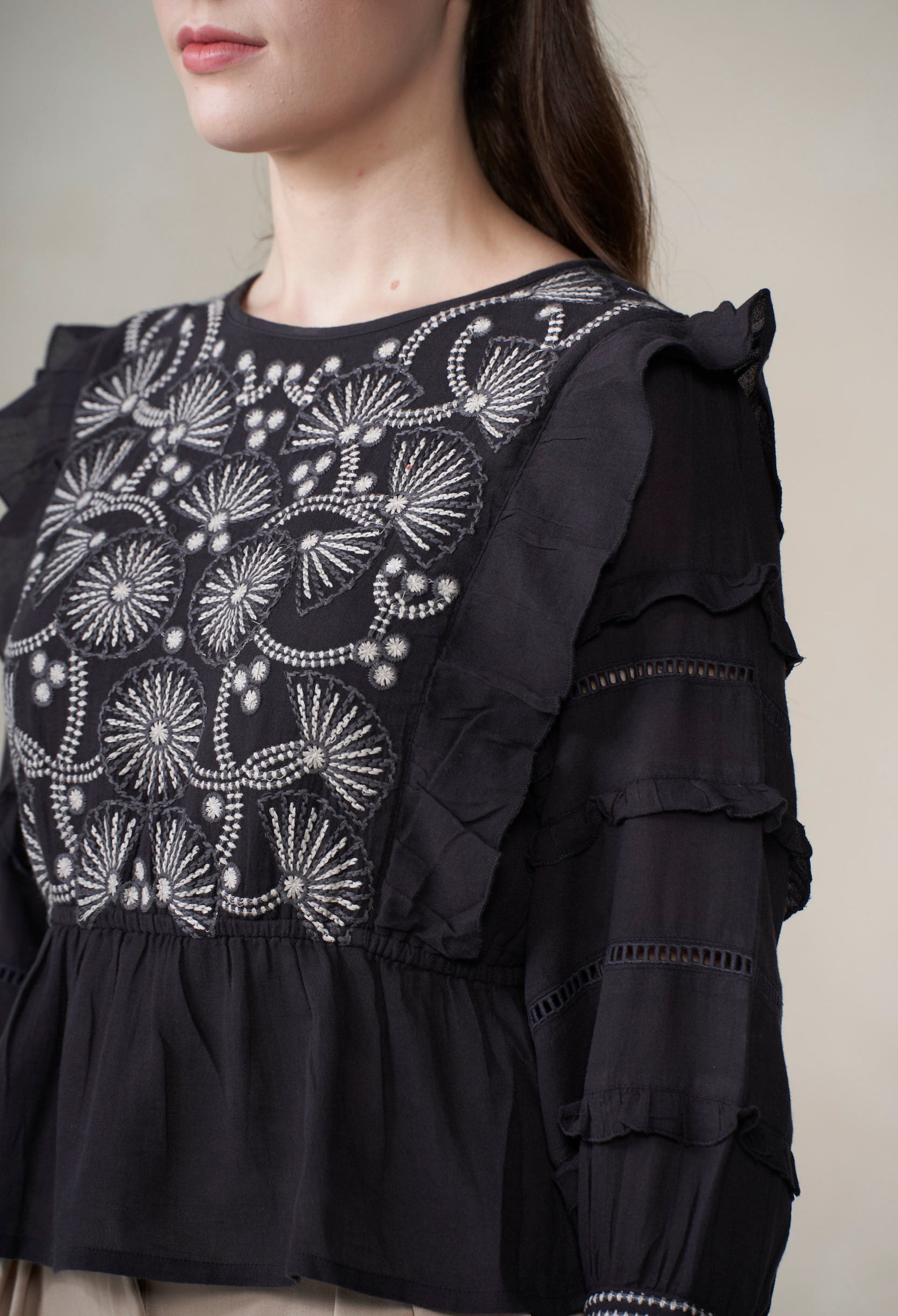 Black blouse with intricate white embroidery on a neutral background
