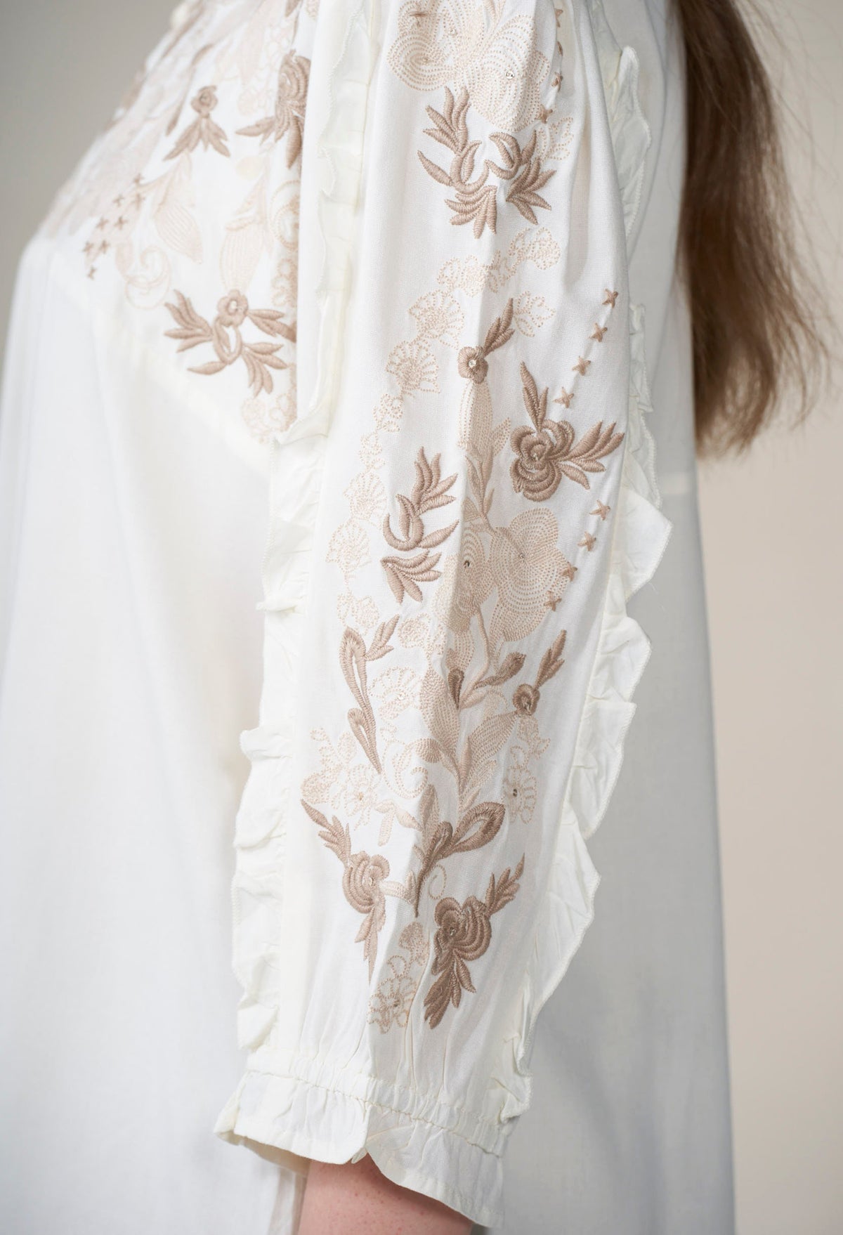 Close-up of a white embroidered garment with floral patterns on a plain background