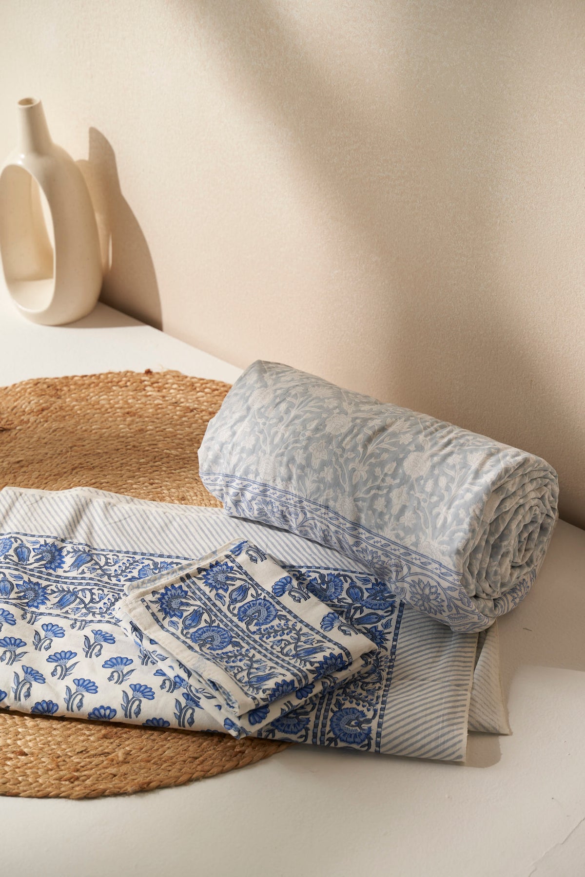 Handcrafted Mughal Garden Bedsheet & Dohar Set – Blue Bloom
