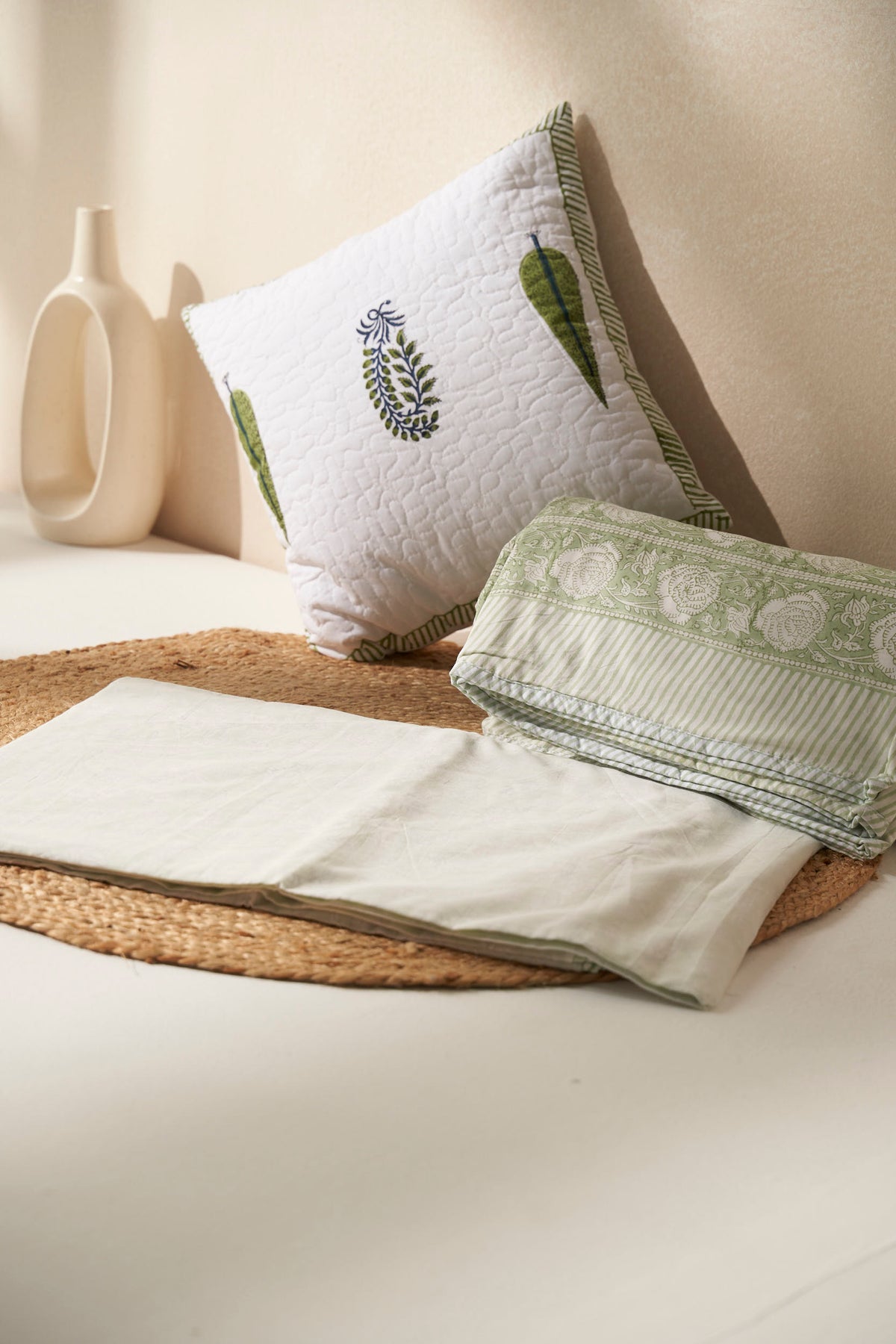 100% Cotton Neem Leaf Bedsheet – Sage & Ivory