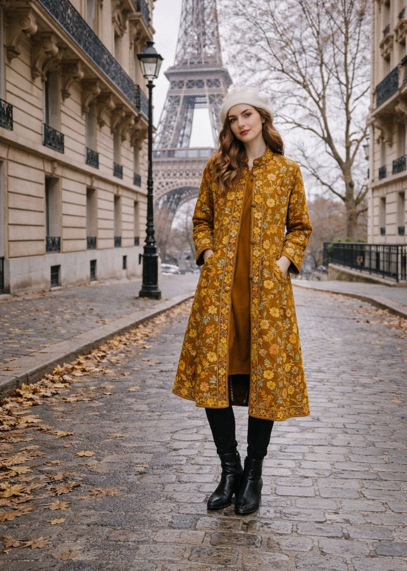 Woman in a yellow coat standing in front of the Eiffel Tower on a street with cobblestones.
