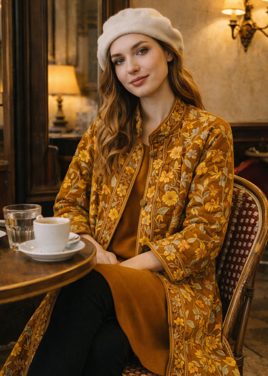 Woman in a yellow floral coat sitting at a cafe table with a cup of coffee.
