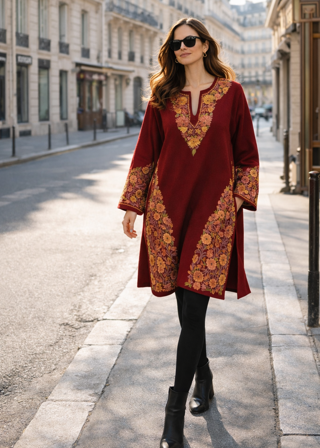 Woman in a burgundy dress with floral patterns walking on a city street.